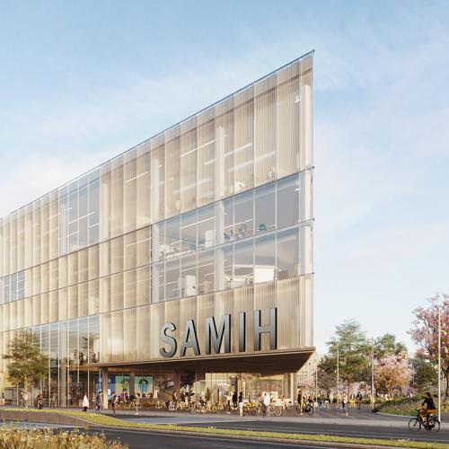 Artist's illustration of a modern, wedge-shaped building with big letters on the side: S.A.M.I.H.