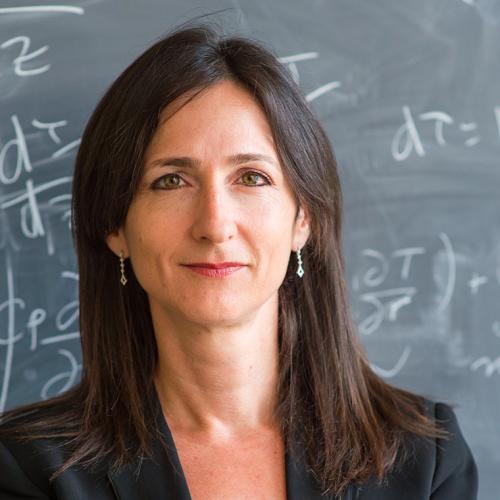 Sara Seager smiles quietly, standing in front of a blackboard covered with equations.