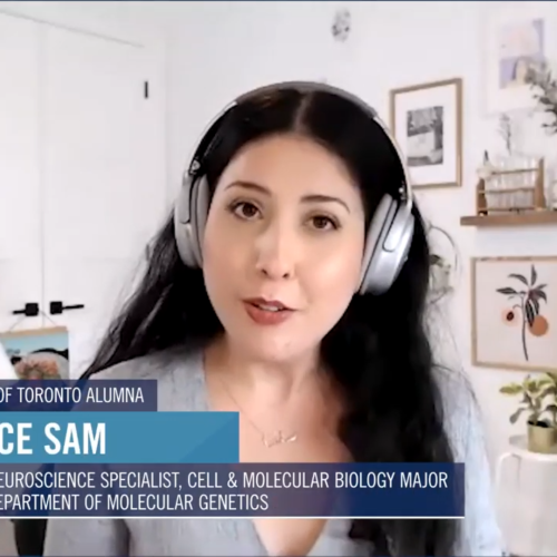 In a screenshot from a YouTube video, Samantha Yammine, wearing headphones, chats in a room with plants and framed pictures.