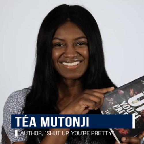 Tea Mutonji smiles as she holds up a copy of her book Shut Up, You're Pretty