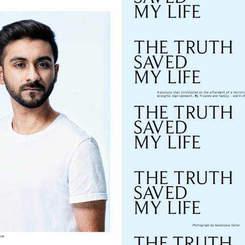 A spread from University of Toronto Magazine includes a picture of Tahmid Khan and the words: the truth saved my life.