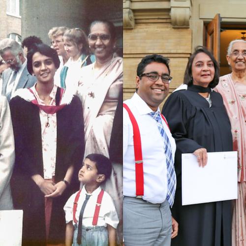 Two photos side by side both show Unnati Patel, in graduation robes, posed with family members.
