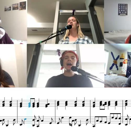 Six images of people wearing headphones and singing into microphones, over an image of sheet music.