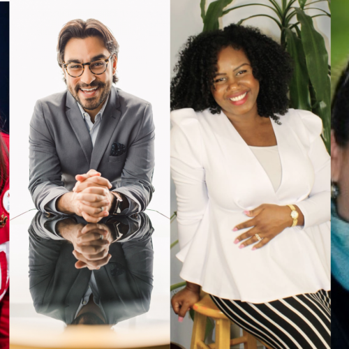 Composite image: portraits of Victoria Nolan, Adam Rodricks, Melisa Ellis, Maria Assif.