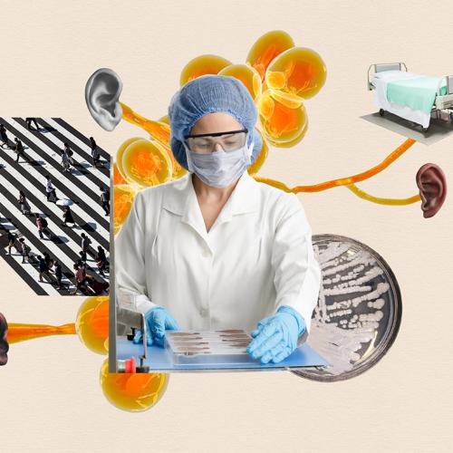 A woman in hairnet, glasses, mask, labcoat and gloves holds a tray of biological samples.
