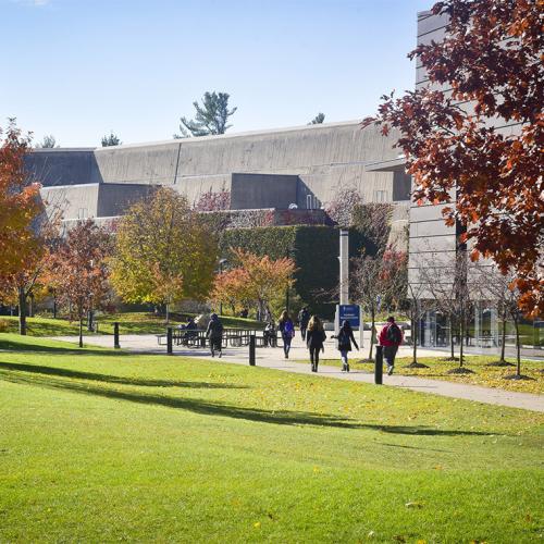 Students walk under autumn trees outside U of T Scarborough on a sunny day.