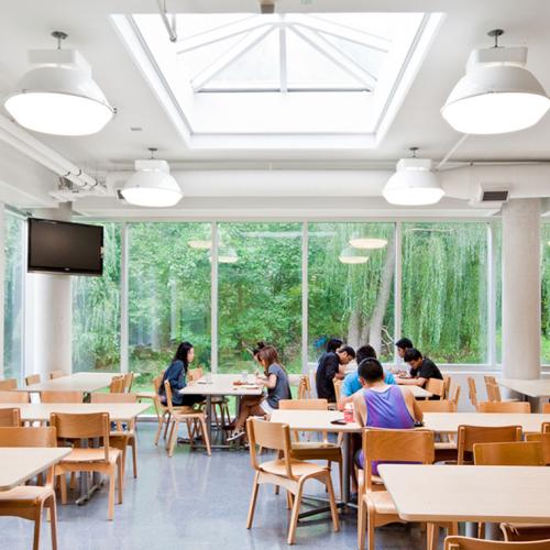 Students eat and chat at wooden tables in a room with one glass wall overlooking a lush garden.