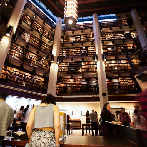 People chat in the atrium of the Thomas Fisher Library as four storeys of bookshelves tower above them.