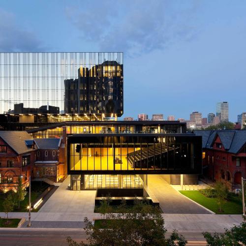 An artist's illustration of the Rotman School of Management buildings, melding heritage and modern structures.