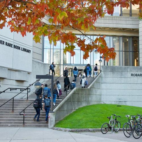 Several students climb the steps of Robarts Library.