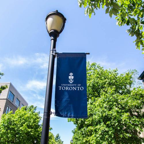 A banner reading University of Toronto hands from a lamp-post in front of a sunny sky.