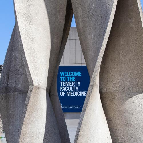 A sign reading Welcome to the Temerty Faculty of Medicine is seen framed in an abstract stone statue.