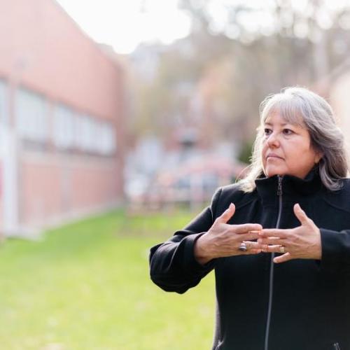 Kahontakwas Diane Longboat tours the Ceremony Grounds at the Centre for Addiction and Mental Health