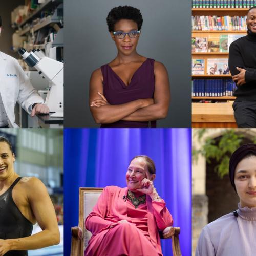 a grid of six photos, featuring a white doctor in his lab, a black woman playright, a black male author in a library, a white female swimmer next to a pool, a white woman sitting in a chair and a hijabi arab woman