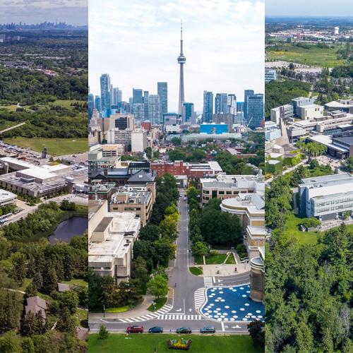 Composite image: the three University of Toronto campuses from the air.