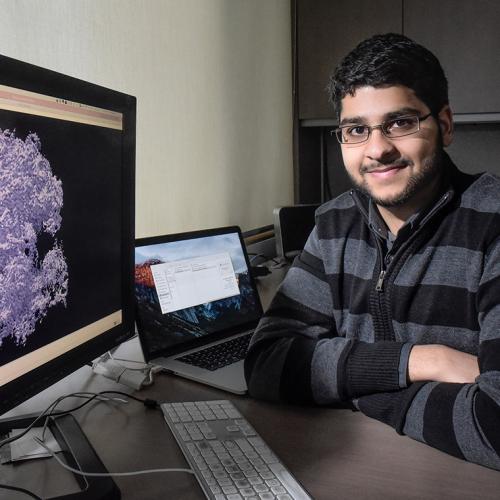 Ali Punjani looks up from his computer screen, which displays an image of an intricate irregular mass.