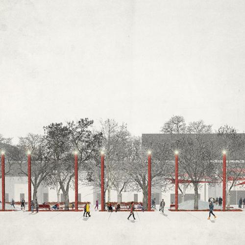 An artist's illustration shows people crossing a snowy, tree-lined plaza lit by tall, candle-shaped pillars.
