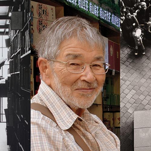 Composite image: a young man between library shelves, a photo of Art Chow, a classroom with lecturer seen from above.