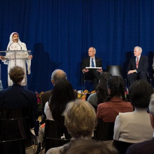 Aisha Ahmad, an assistant professor of political science at U of T Scarborough, accepts the Northrop Frye Award for faculty (photo by Gustavo Toledo Photography)