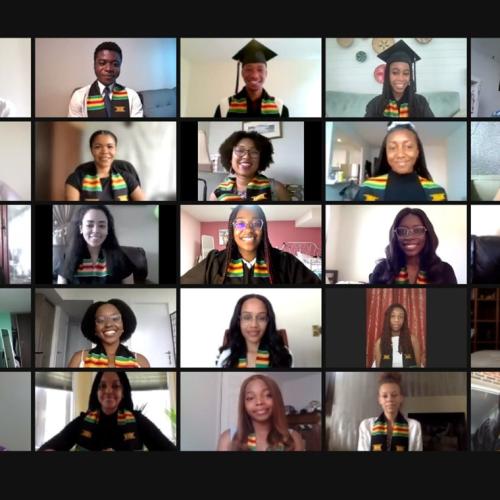A grid of images of graduates on a video call. Each person wears a kente cloth reading: U of T Black Grad Class of 2021.