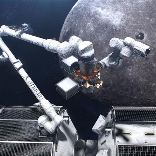 The hinged robotic Canadarm attached to a space station, with Moon and Earth in the background.