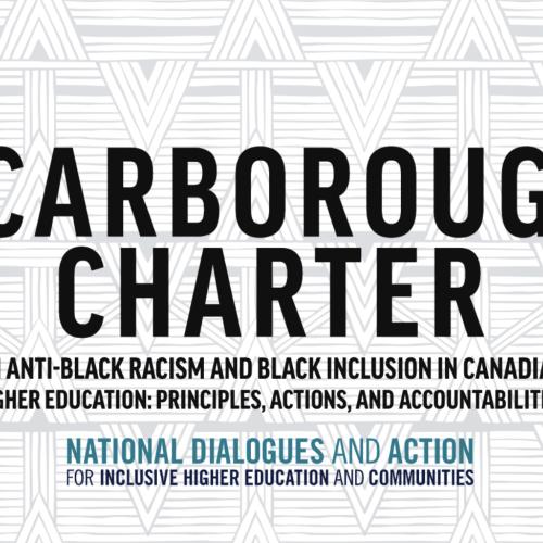 Text reading: Scarborough Charter, on anti-Black racism and Black inclusion in Canadian higher education.