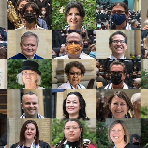 Composite image: portraits of 25 people selected to be Eagle Feather Bearers at Convocation.