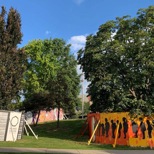 Three mature trees are surrounded by six-feet-high murals: flowers, figures of children, and the words Land Protection Zone.