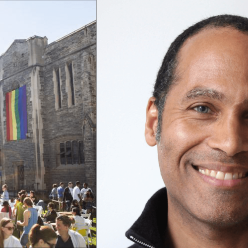 Composite image: Terry Gardiner smiling, and Hart House quad with people picnicking on the lawn under a rainbow flag.