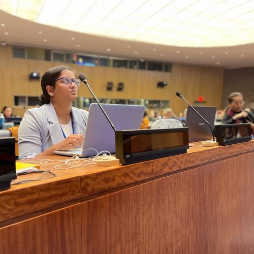 Melanie Ratnam sits at a desk with a microphone in a United Nations assembly room.