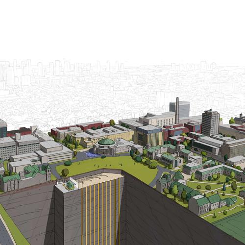 A drawing of the geoexchange dig on Front Campus shows how pipes will run into the ground half the height of the CN Tower.