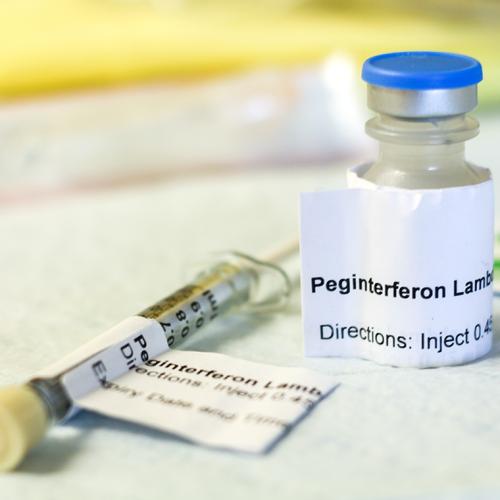 A vial and syringe, each labelled: Peginterferon.