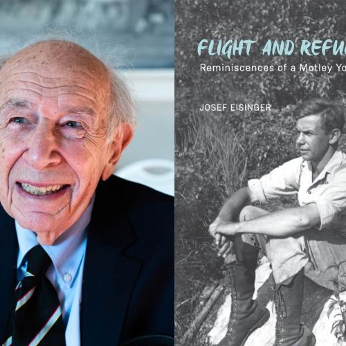 A close-up of Josef Eisinger on the left next to an image of the front cover of his memoir