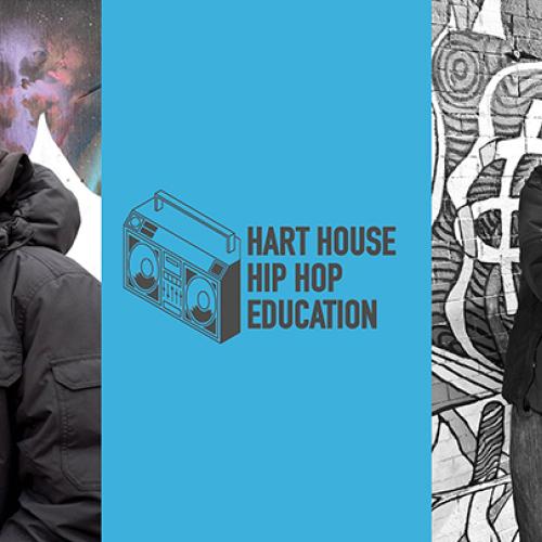 Two photos of hip hop artist Marcus Singleton standing by street art. In the middle, text reads, Hart House Hip Hop Education