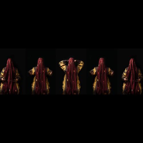 Seven photos stitched together: a woman in a gold robe and red veil raises her hands from waist to head and back again.