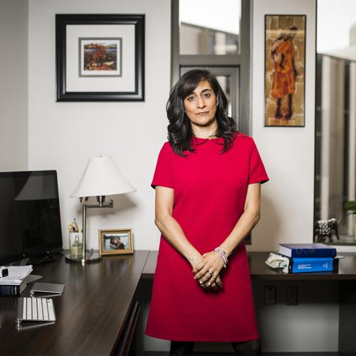 Anita Anand looks serious as she stands in an office in front of a spotless desk.
