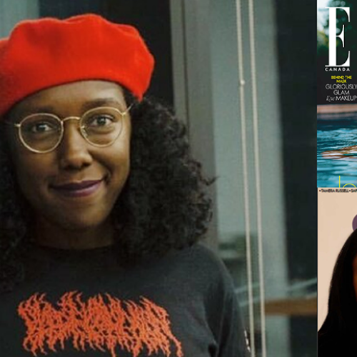 Composite: Photo of Melissa Vincent smiling, cover of Elle magazine, cover of Demo magazine.