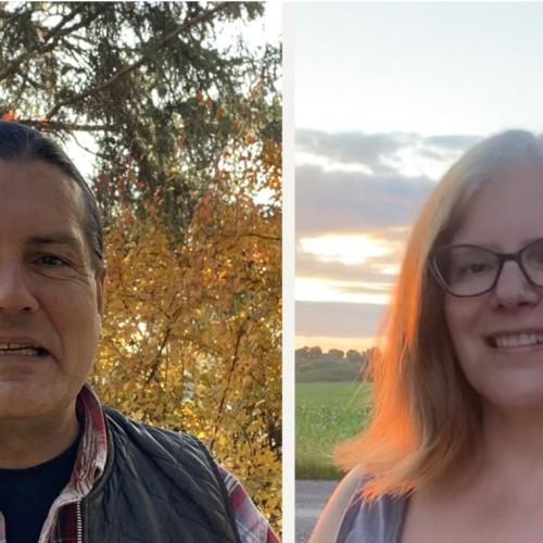 Side by portraits of Randy Lundy and Kateri Akiwenzie-Damm, both smiling, both outdoors in nature.