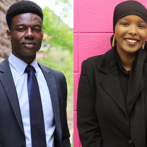 In two side-by-side portraits, Jeffrey Fasegha and Ikran Jama each stand outside near walls.