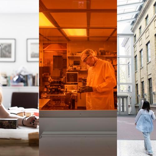 Composite: researchers looking at an ancient book, a scientist in a secure lab, students walking together.