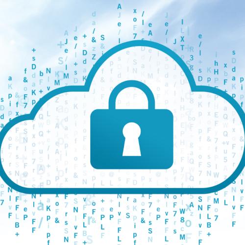 An illustration of a padlocked cloud raining random letters symbolizes the work of cryptography startup SHIELD Crypto Systems