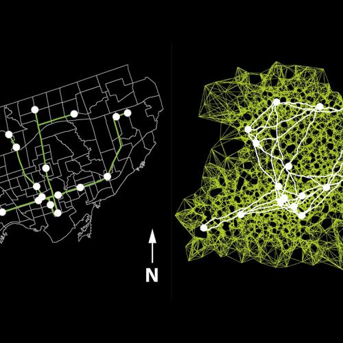 A subway map with 17 nodes, on top of a drawing of a slime mould-inspired network. It connects the nodes in multiple ways.