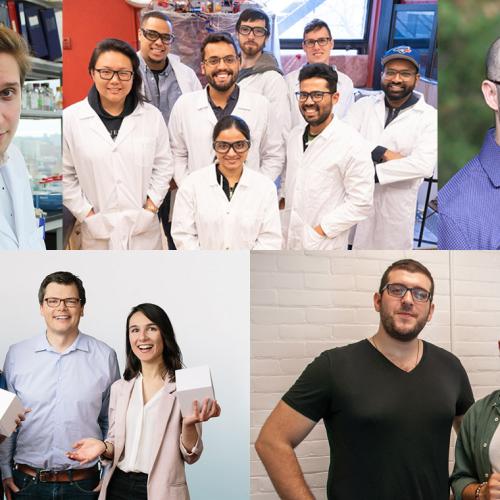 A collage of five photos showing the startup founders posing in smiling groups.