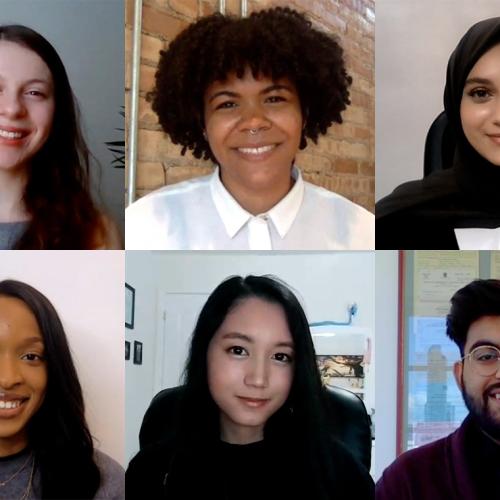 A grid of portraits: Natasha Djuric, Rebekah Robinson, Roshaneh Jaffer, Mueed Fiaz, Jayra Almanzor and Obianuju Nwadike.