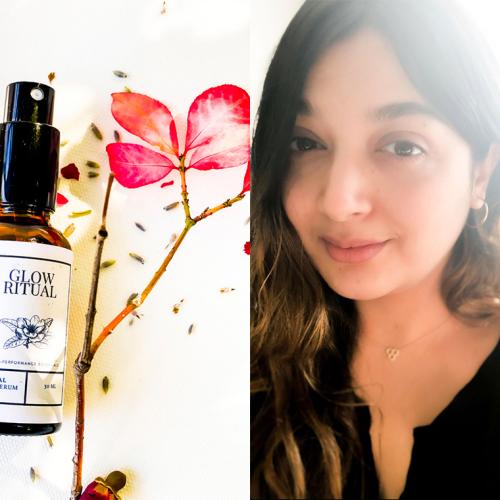 Composite image: Sumera Nabi smiling, and a small glass bottle with a label reading, Glow Ritual.