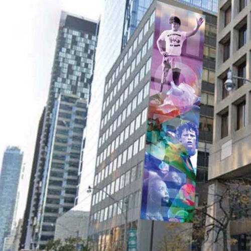 An illustration of the mural shows a colourful collage of images: Terry Fox, a bison, children and flowers. Text reads: Hope.