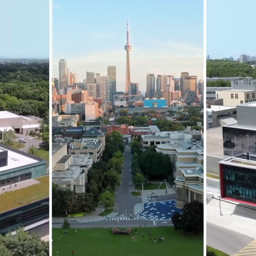 Side-by-side images of U of T's three campuses, seen from the air: Scarborough, St. George and Mississauga.