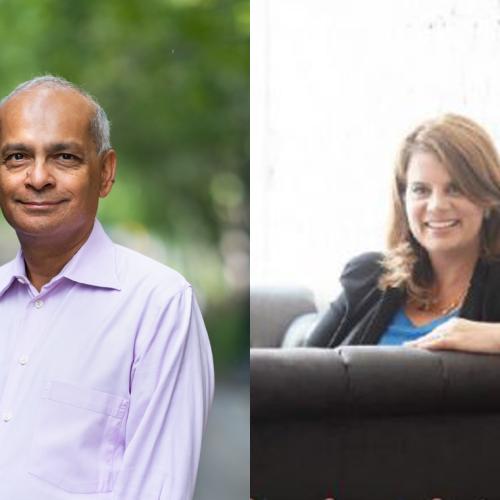 Side-by-side portraits of Vivek Goel and Julia Zarb, both smiling.
