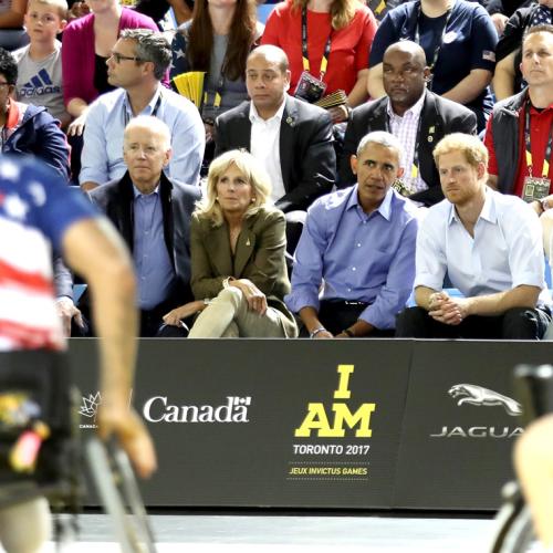 Former U.S. president Barack Obama, Prince Harry, former VP Joe Biden and his wife Jill watch wheelchair basketball at the Toronto Pan Am Sports Centre at U of T Scarborough (photo by Chris Jackson/Getty Images for the Invictus Games Foundation ) 