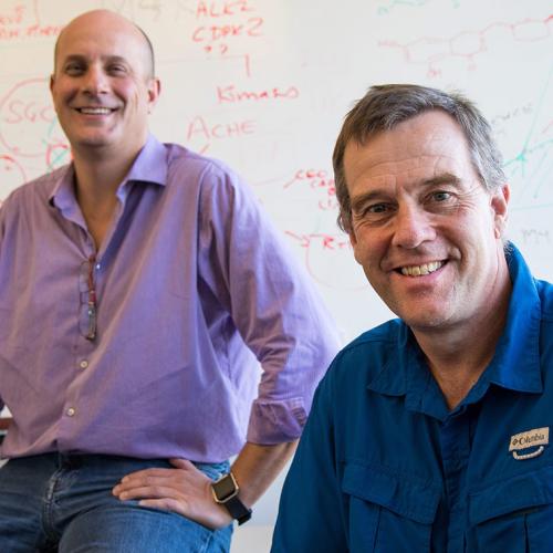 With the help of a $1.5-million grant, U of T's Aled Edwards (right) and business partner Owen Roberts (left) will forgo patents and profits to tackle diseases like Parkinson's and ALS (photo by Chris Sorensen) 